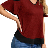 Romildi Sexy Cold Shoulder Blouses, V-neck Casual Color Block Short Sleeve Fashion Loose Tops, Women's Clothing