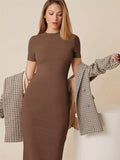 Romildi Bodycon Short Sleeve Dress, Casual Solid Color Crew Neck Dress For Spring & Summer, Women's Clothing
