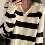 Romildi Striped Turndown Collar Pullover Sweater, Casual Long Sleeve Loose Sweater, Women's Clothing