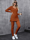 Romildi Casual Ribbed Two-piece Set, Long Sleeve Side Split Top & Pants Outfits, Women's Clothing