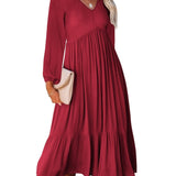 Romildi Casual Solid Draped Midi Dress, Sexy Long Sleeve V-neck Loose Flowy Swing Babydoll Dresses, Women's Clothing