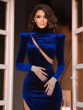 Romildi Sheer Mesh Panel Padded Shoulder Dress, Elegant Long Sleeve Mock Neck Split Hem Dress, Women's Clothing