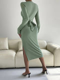 Romildi Solid Bodycon Twist Front Dress, Crew Neck Dress For Fall & Winter, Women's Clothing