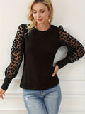 Romildi Leopard Illusion Sleeve Top, Casual Crew Neck Slim Top, Women's Clothing