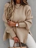 Romildi Solid Mock Neck Chunky Knit Sweater, Casual Long Sleeve Split Pullover Sweater For Fall & Winter, Women's Clothing