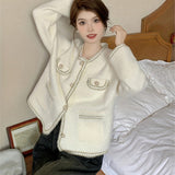 Romildi Contrast Trim Button Down Knit Cardigan, Elegant Long Sleeve Cozy Sweater, Women's Clothing