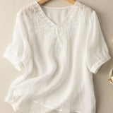 Romildi Floral Embroidery V Neck T-shirt, Vintage Half Sleeve Loose T-shirt For Spring & Summer, Women's Clothing