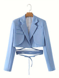 Notched Collar Lace Up Crop Blazer, Stylish Long Sleeve Blazer For Spring & Fall, Women's Clothing