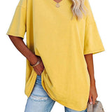 Romildi Basic Loose Solid T-Shirts, Casual Short Sleeve V-Neck T-Shirts, Casual Every Day Tops, Women's Clothing