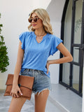Romildi Solid Ruffle Hem Sleeve T-Shirt, Casual V Neck Short Sleeve Summer T-shirt, Women's Clothing