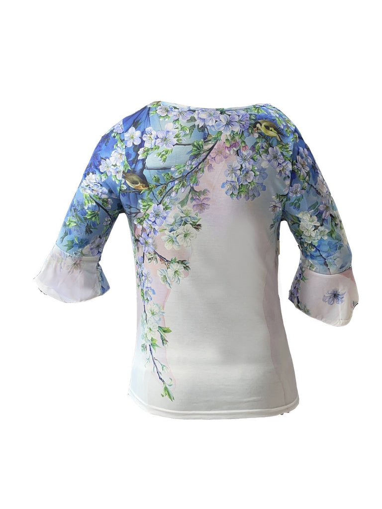 Romildi Floral Print Pleated Button Front T-Shirt, Casual Ruffle Sleeve T-Shirt For Spring & Summer, Women's Clothing
