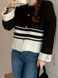 Romildi Striped Pattern Single Breasted Cardigan, Vintage Long Sleeve Knit Outwear For Fall & Winter, Women's Clothing