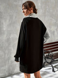 Romildi Color Block Drop Shoulder Dress, Elegant High Neck Long Sleeve Dress, Women's Clothing