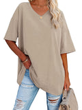 Romildi Basic Loose Solid T-Shirts, Casual Short Sleeve V-Neck T-Shirts, Casual Every Day Tops, Women's Clothing