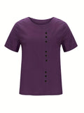 Romildi Romildi Buttons Solid T-shirt, Casual Crew Neck Short Sleeve Summer T-shirt, Women's Clothing