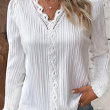 Romildi Contrast Lace Solid Blouse, Elegant V Neck Long Sleeve Blouse, Women's Clothing