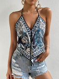 romildi Floral Pattern Backless Halter Top, Vacation Tassel Strap Knotted Top, Women's Clothing