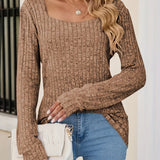 Romildi Squared Neck Rib Knit Sweater, Casual Long Sleeve Solid Sweater, Women's Clothing