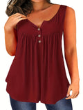 Romildi Plus Size Basic Tank Top, Women's Plus Plain Ruched V Neck Slight Stretch Henley Tank Top