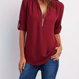 Romildi Solid V Neck Blouse, Casual Ruched Rollable Sleeve Half Zip Blouse, Women's Clothing