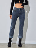 Romildi Raw Hem Rolled Legs Mid Rise Slim Fit Straight Legs High Stretchy Washed Blue Color Vintage Straight Jeans, Women's Denim Jeans