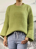 Romildi Solid Crew Neck Rib Knit Sweater, Casual Long Sleeve Loose Pullover Sweater, Women's Clothing