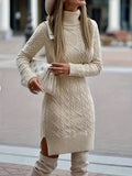 Romildi Solid Turtleneck Split Knitted Dress, Elegant Long Sleeve Dress For Fall & Winter, Women's Clothing