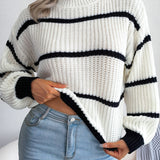 Romildi Striped Lantern Sleeve Sweater, Casual Turtle Neck Long Sleeve Sweater, Casual Tops For Fall & Winter, Women's Clothing