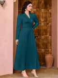 Romildi Solid V Neck Dress, Elegant Long Sleeve Shirred Waist Dress, Women's Clothing