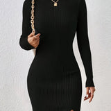 Romildi Split Turtleneck Bodycon Dress, Elegant Solid Long Sleeve Dress, Women's Clothing