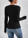 Romildi Ribbed Cross Front V Neck T-Shirt, Casual Long Sleeve Top For Spring & Fall, Women's Clothing