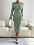 Romildi Solid Bodycon Twist Front Dress, Crew Neck Dress For Fall & Winter, Women's Clothing