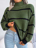 Romildi Striped Lantern Sleeve Sweater, Casual Turtle Neck Long Sleeve Sweater, Casual Tops For Fall & Winter, Women's Clothing