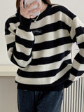 Romildi Striped Crew Neck Pullover Sweater, Elegant Long Sleeve Loose Sweater, Women's Clothing