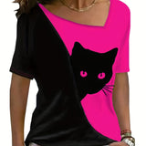 Romildi Cat Print Color Block T-Shirt, Asymmetrical Neck Short Sleeve T-Shirt, Casual Every Day Tops, Women's Clothing