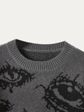 Romildi Eye Pattern Crew Neck Sweater, Y2K Long Sleeve Pullover Sweater, Women's Clothing