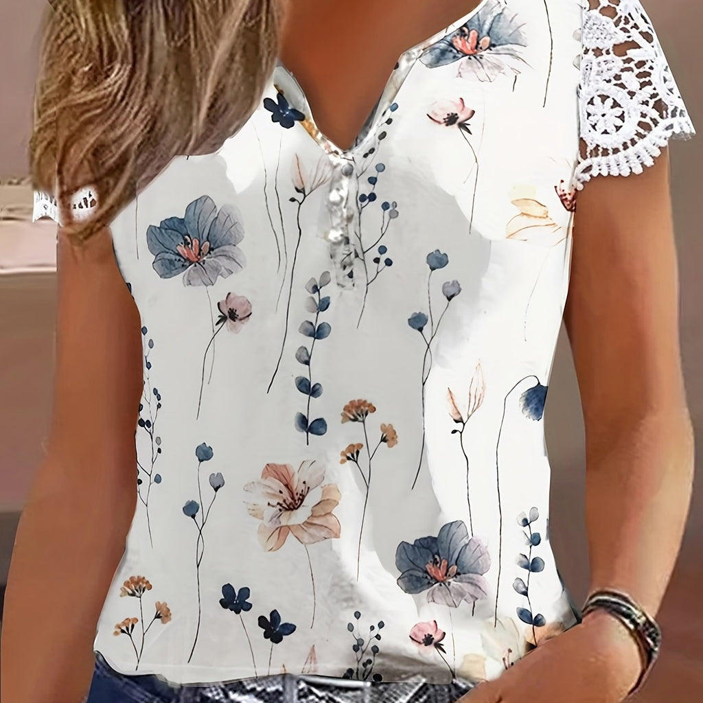 Romildi Contrast Lace Floral Print Blouse, Casual V Neck Short Sleeve Blouse, Women's Clothing
