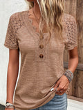 Romildi Contrast Lace Ribbed V Neck T-Shirt, Casual Button Front Short Sleeve Top For Spring & Summer, Women's Clothing