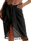 Romildi Romildi Boho Solid Tassel Wrap Sarong Skirts, Vacation Summer Beach Multi-wear Skirts, Women's Clothing