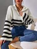 Romildi Striped Pattern Half Zip Pullover Sweater, Casual Bell Sleeve Sweater For Fall & Winter, Women's Clothing