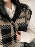 Romildi Plaid Pattern V Neck Knit Vest, Vintage Long Sleeve Loose Sweater Vest, Women's Clothing