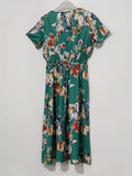 Romildi Floral Print Surplice Neck Dress, Boho Short Sleeve Shirred Waist Dress, Women's Clothing