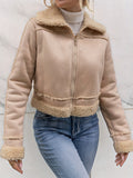 Romildi Fuzzy Trim Fall & Winter Coat, Casual Zip Up Long Sleeve Outerwear, Women's Clothing