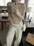 Romildi Solid Off Shoulder Knitted Top, Y2K Long Sleeve Slim Sweater For Spring & Fall, Women's Clothing