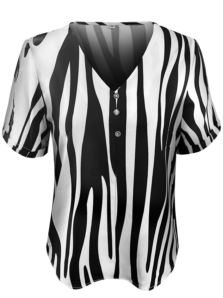 Romildi Zebra Print V Neck Blouse, Casual Short Sleeve Button Blouse For Spring & Summer, Women's Clothing