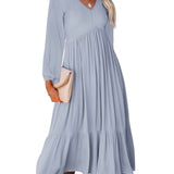 Romildi Casual Solid Draped Midi Dress, Sexy Long Sleeve V-neck Loose Flowy Swing Babydoll Dresses, Women's Clothing