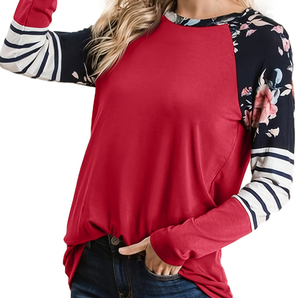 Romildi Spring & Autumn Long Sleeve T-Shirt, Color Block Crew Neck Casual Every Day Tops, Women's Clothing