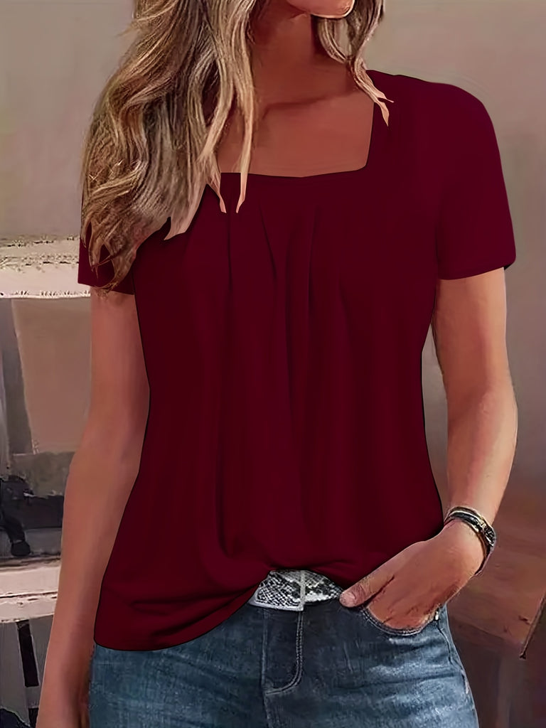Romildi Square Neck Tucked T-Shirt, Casual Short Sleeve T-Shirt For Spring & Summer, Women's Clothing