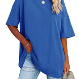 Romildi Drop Shoulder Half Sleeve T-Shirt, Loose Crew Neck Casual Top For Summer & Spring, Women's Clothing