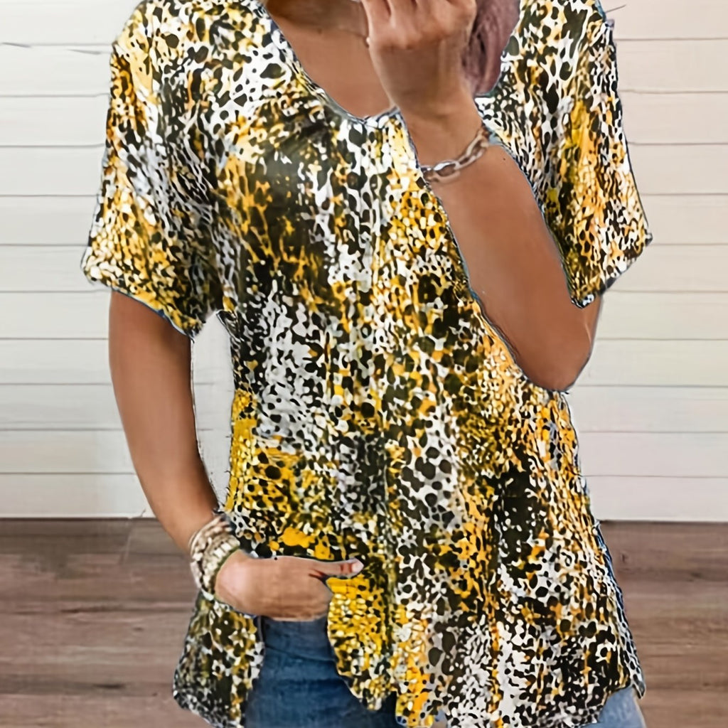 Romildi Leopard Print V Neck T-Shirt, Casual Short Sleeve T-Shirt, Casual Every Day Tops, Women's Clothing